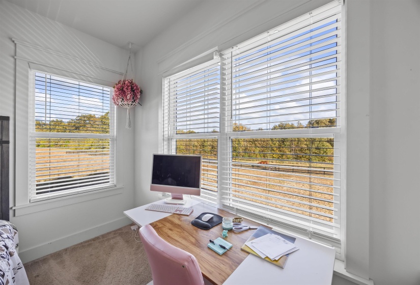 Bright interior space featuring multiple windows with white blinds, offering expansive outdoor scenery