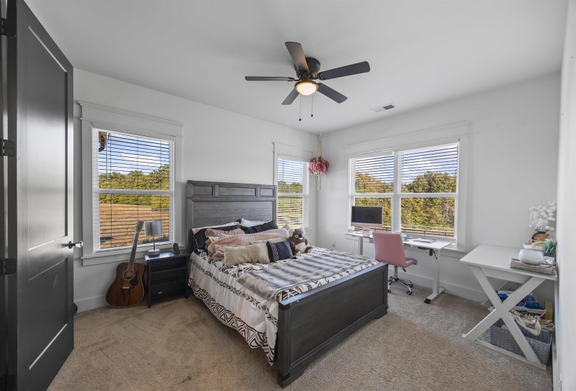 Carpeted bedroom featuring a dark wood-finish bed frame, multiple windows with blinds, a ceiling fan with integrated lighting, and a dark paneled door