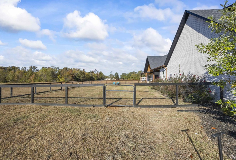 Expansive fenced yard featuring a level grass area and distant tree line
