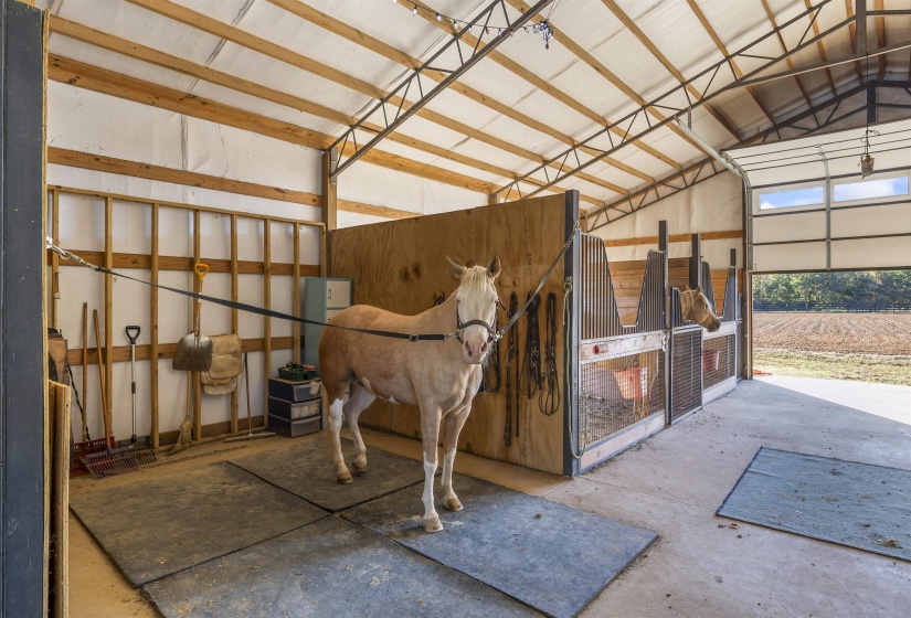 Indoor equestrian facility featuring exposed wood framing, concrete flooring, and metal horse stalls