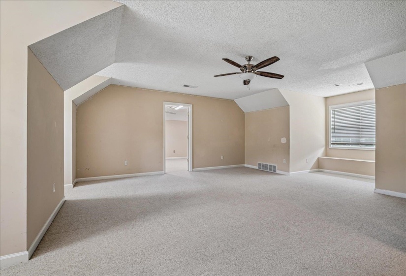 Spacious room featuring vaulted ceilings, light-toned carpeting, and a ceiling fan