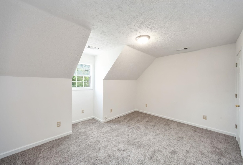 Carpeted interior space featuring sloped ceilings, white walls, and a multi-pane window