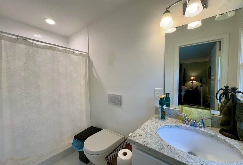 Bathroom featuring a shower with a recessed light, a wall-mounted toilet, and a vanity with a white countertop and an undermount sink