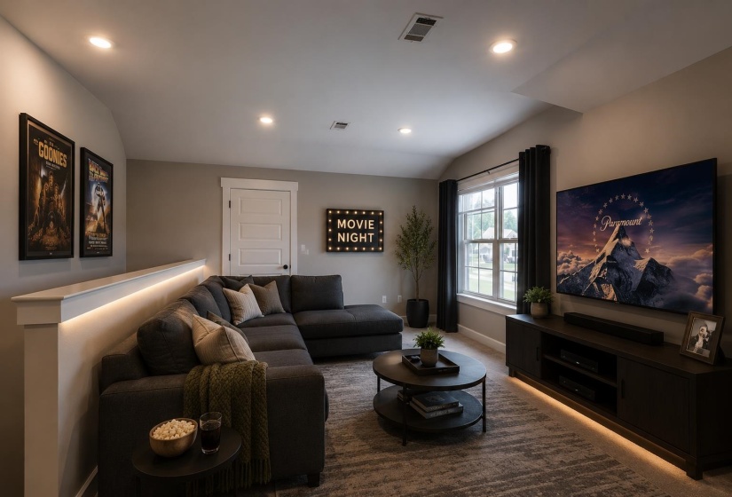Vitual Satge: Entertainment space featuring recessed lighting, a window with dark drapery, a three-panel interior door, and a built-in media console with under-lighting
