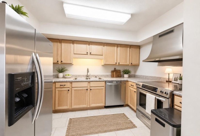 Kitchen featuring stainless steel appliances, light wood cabinetry, granite countertops, and tile flooring