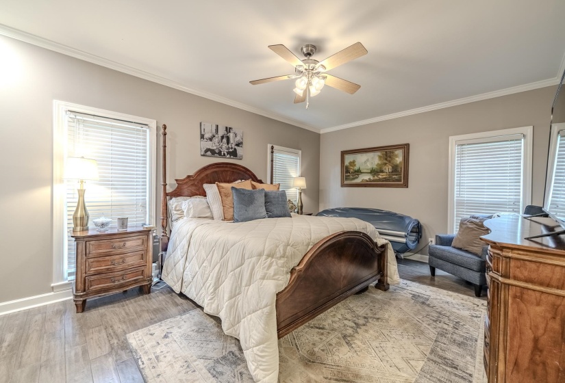 Spacious room featuring light gray walls, wood-finish flooring, and white crown molding