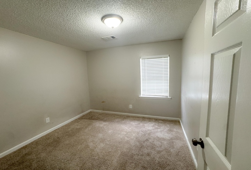 Carpeted room with a single window featuring white blinds, neutral wall paint, and a textured ceiling