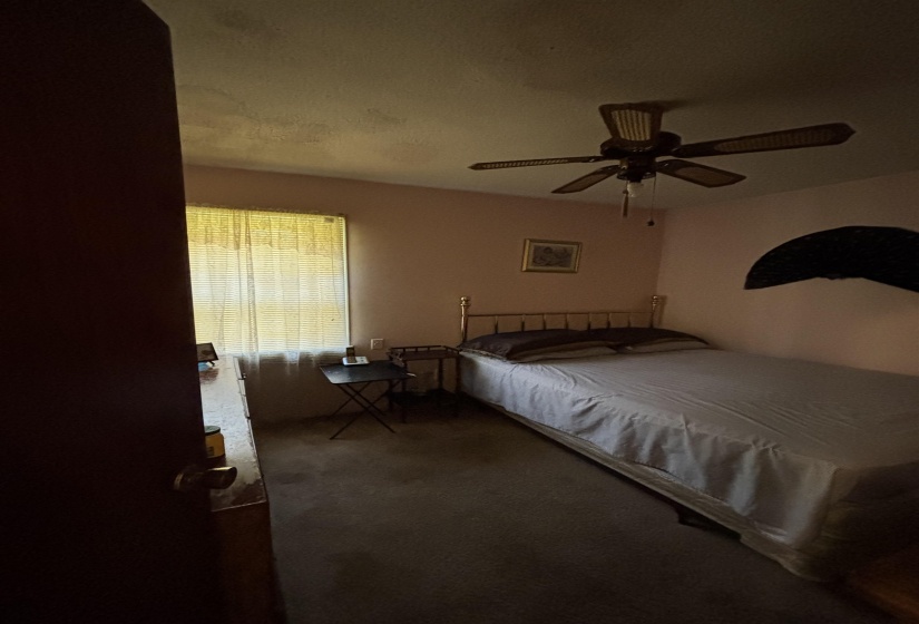 Bedroom with dark carpet and ceiling fan
