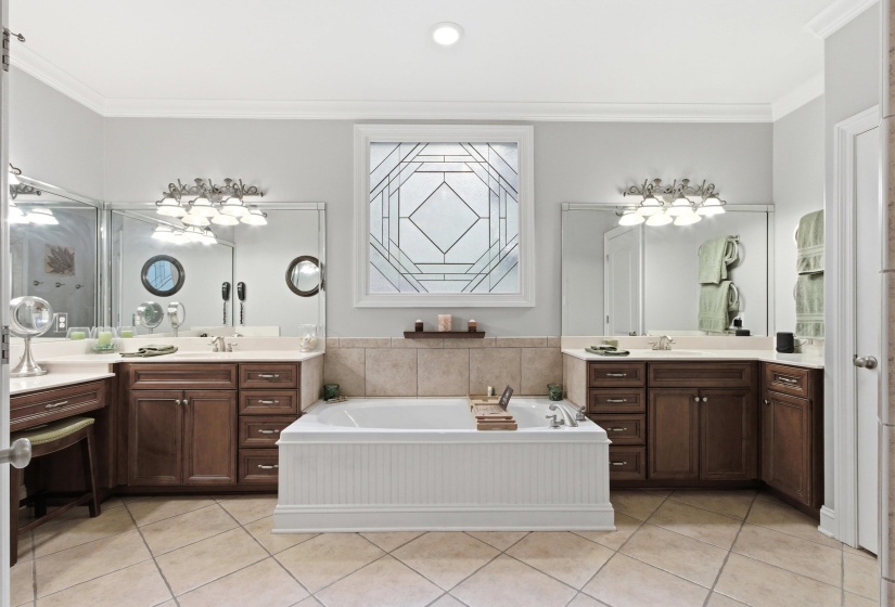 Soaking tub with beadboard paneling