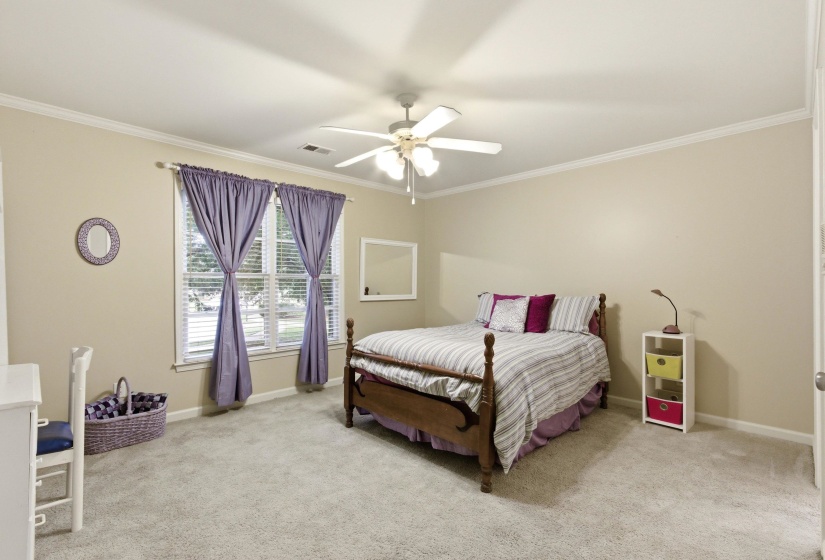 Spacious room featuring neutral-toned walls, crown molding, and light-colored carpeting