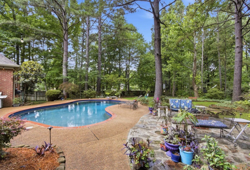 Curved swimming pool with an exposed aggregate concrete deck and integrated stone patio