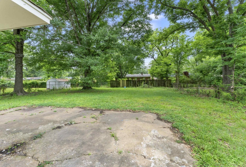 Expansive backyard with a concrete patio, lush green lawn, mature trees, and a storage shed