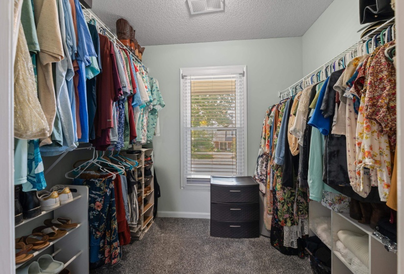 Walk-in closet featuring carpet flooring, built-in wire shelving, and a window with horizontal blinds