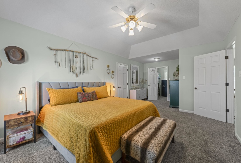 Spacious room featuring gray carpeting, a sloped ceiling with a ceiling fan, and light green wall paint