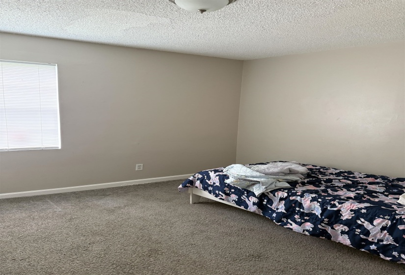 Room featuring neutral-toned walls, gray carpeting, and a single window with horizontal blinds