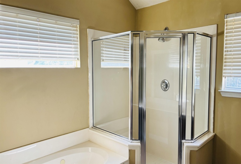 Corner shower enclosure featuring clear glass panels and chrome framing