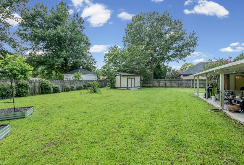 Expansive backyard featuring a large green lawn, perimeter wood fencing, and mature trees