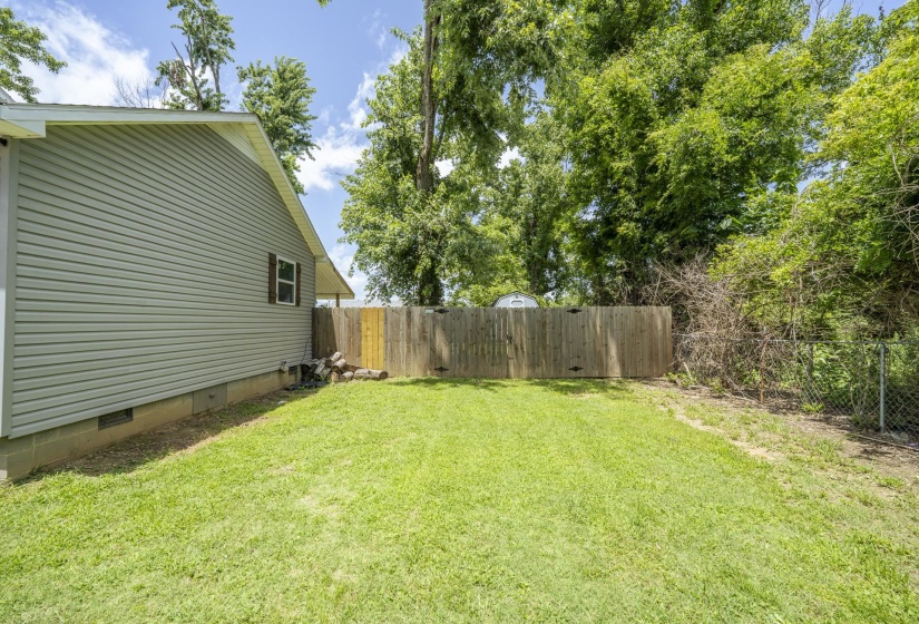 Spacious side yard featuring a well-maintained lawn and a combination of wood and chain-link fencing
