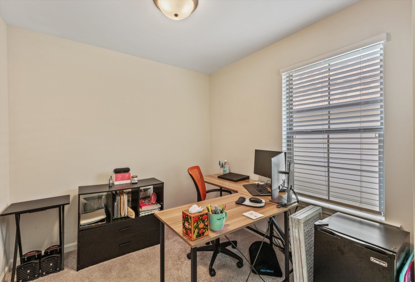 Carpeted room with a ceiling-mounted light fixture and a single window featuring horizontal blinds