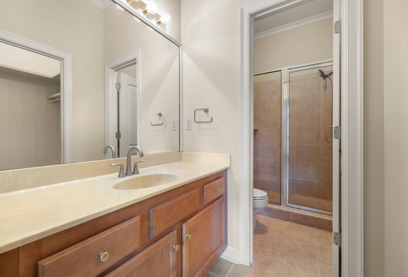 Spacious bathroom featuring a wood-finish vanity with a single basin sink, a light-toned countertop, and a large wall-mounted mirror