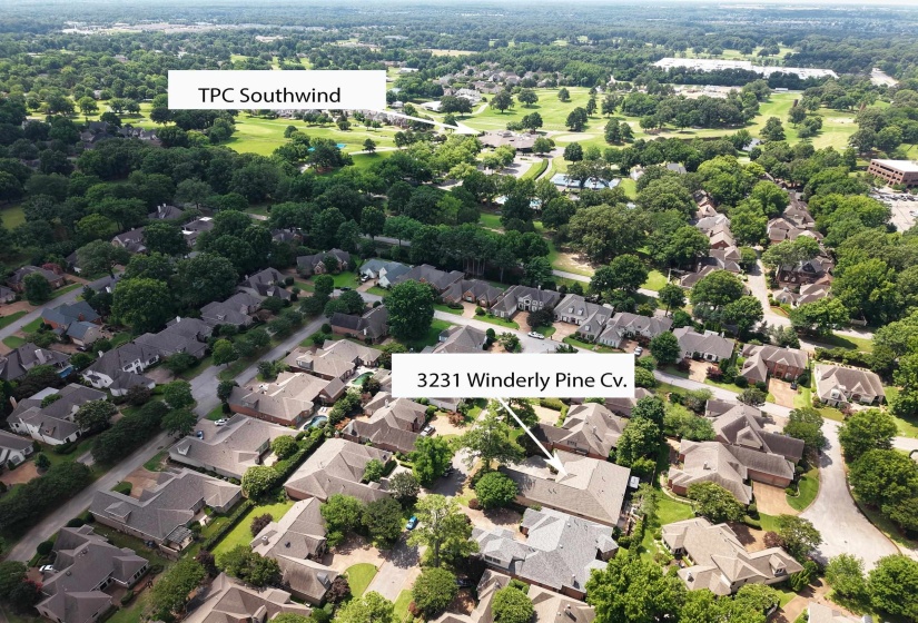 Aerial perspective showcasing a residential neighborhood with extensive tree canopies and varied home designs