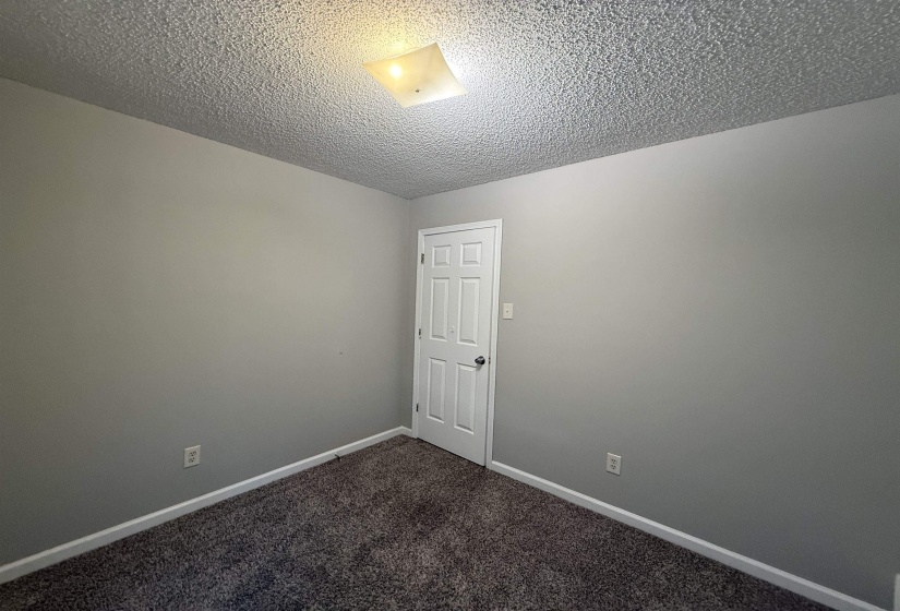 Neutral painted walls with white trim, dark textured carpeting, a white paneled door, and a flush-mount ceiling light fixture