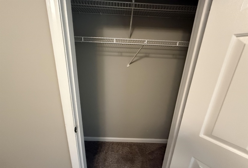 Interior closet space featuring wire shelving and a hanging rod over carpet flooring