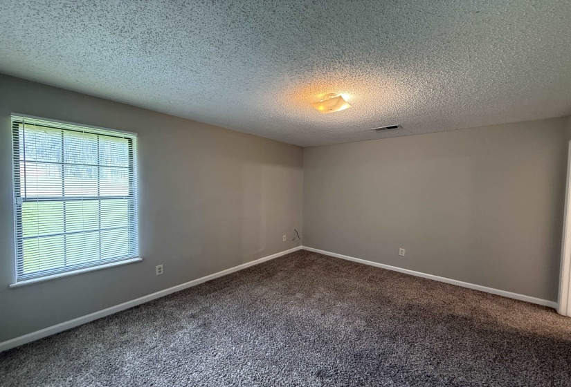 Neutral-toned wall paint, textured ceiling, and dark gray carpeting
