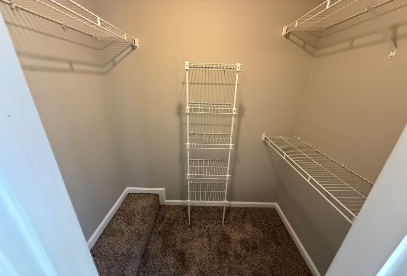 Carpeted closet space featuring multiple wire shelving units