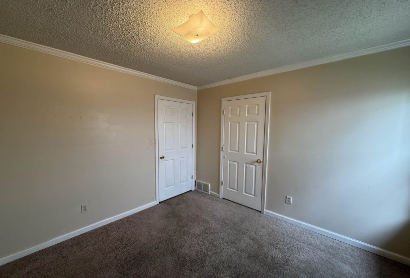 Neutral wall tones with crown molding, two paneled doors, and carpet flooring