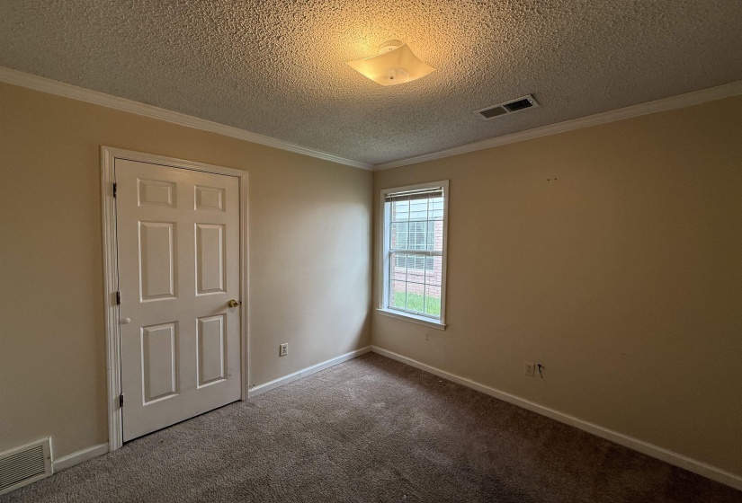 Neutral-toned room featuring a single window with grids, wall-to-wall carpeting, crown molding, and a six-panel interior door