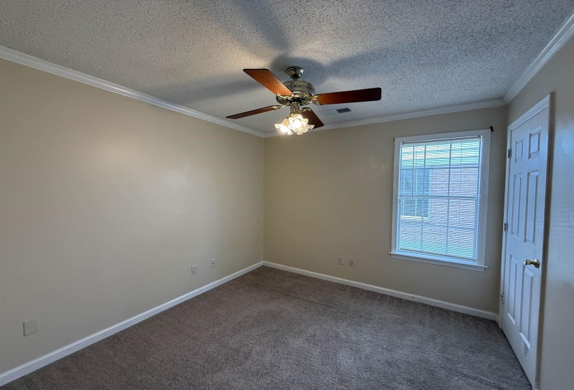 Carpeted room featuring a ceiling fan with light fixture, window with blinds, base molding, crown molding, and a paneled door with a brass-finish knob