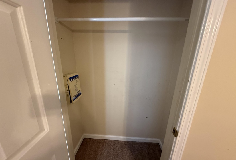 Closet space featuring a single hanging rod, light tan wall paint, and carpet flooring
