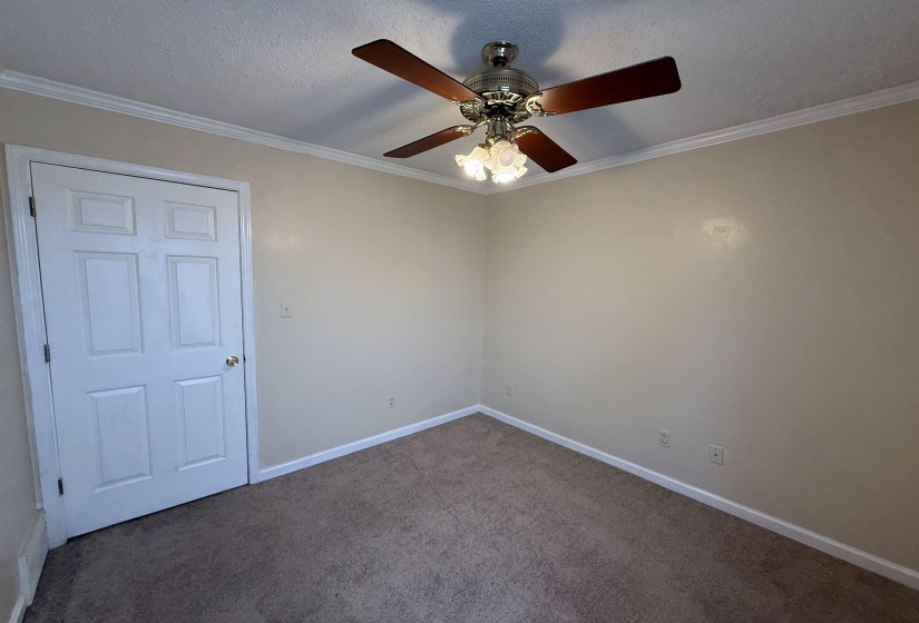 Neutral tone wall paint with white crown molding