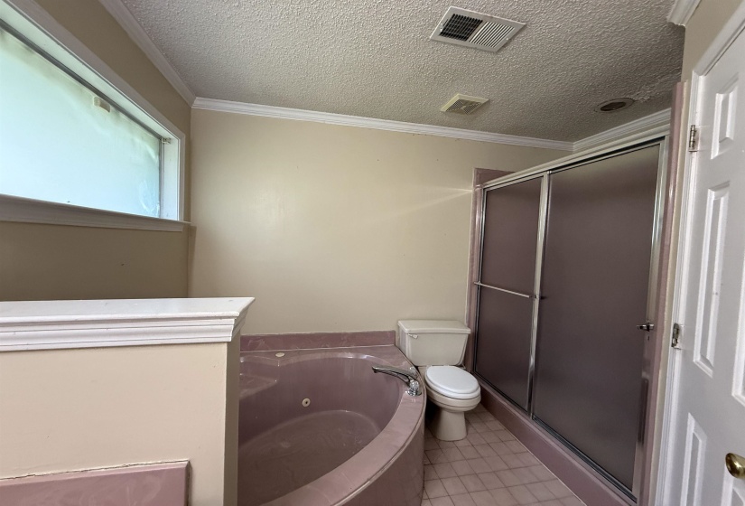 Bathroom featuring a built-in jetted tub, a separate shower with frosted glass doors, a single window, crown molding, and tiled flooring