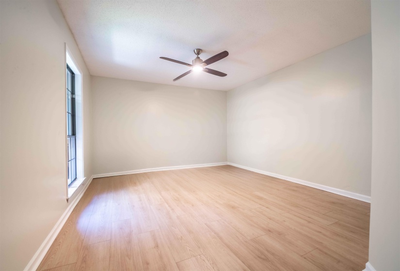Spacious room featuring light wood-finish flooring, a contemporary ceiling fan, and a tall window with grid panes