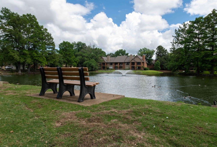 Manicured lawn area with a two-person park bench on a concrete pad