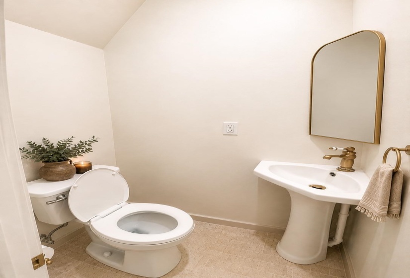 Pedestal sink with brass-finish faucet, framed mirror, and tile flooring