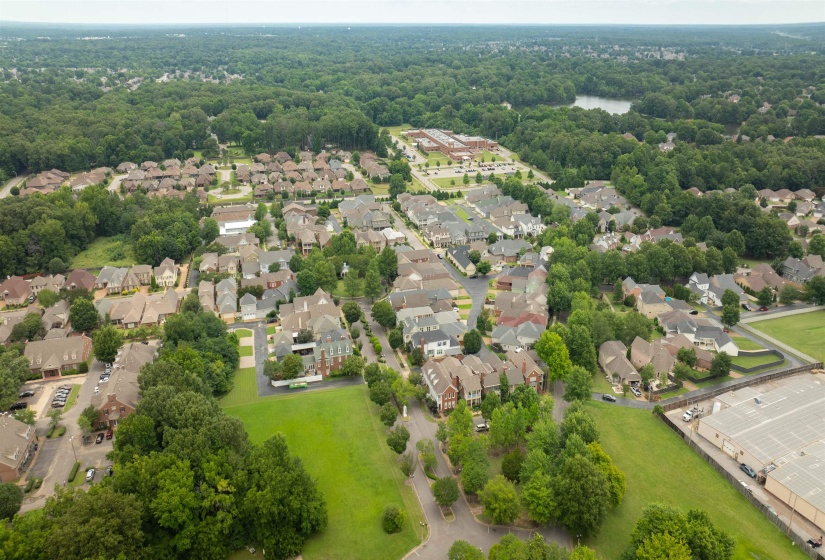 Aerial perspective of a residential community featuring varied architectural styles and abundant mature trees