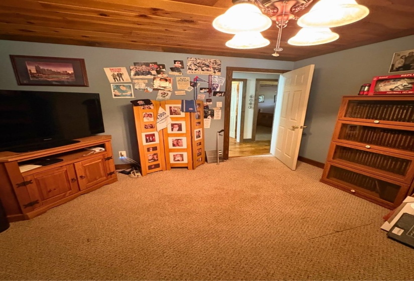Wood-paneled ceiling with a decorative ceiling fan light fixture