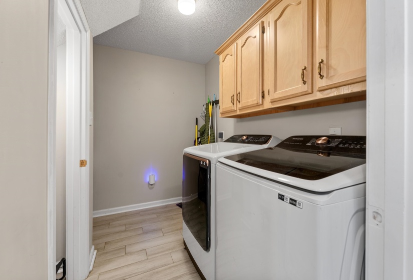 Laundry area featuring wood-finish flooring, overhead cabinetry with decorative hardware, and neutral wall paint