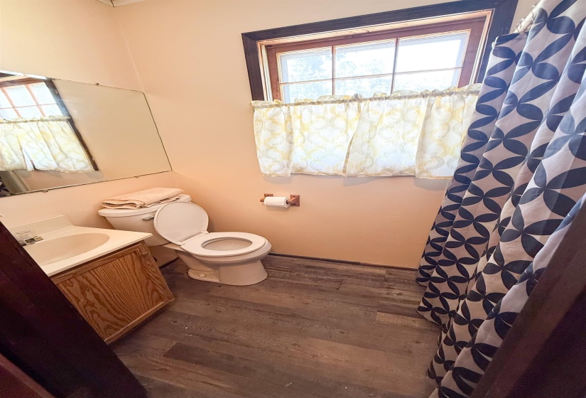 Bathroom featuring wood-finish flooring, a window with trim, a vanity with sink, and a toilet