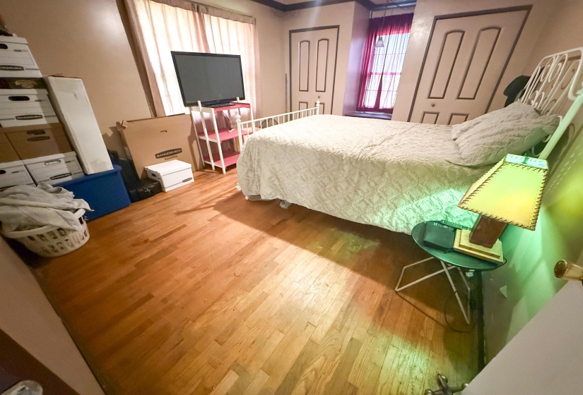 Wood-finish flooring throughout this room