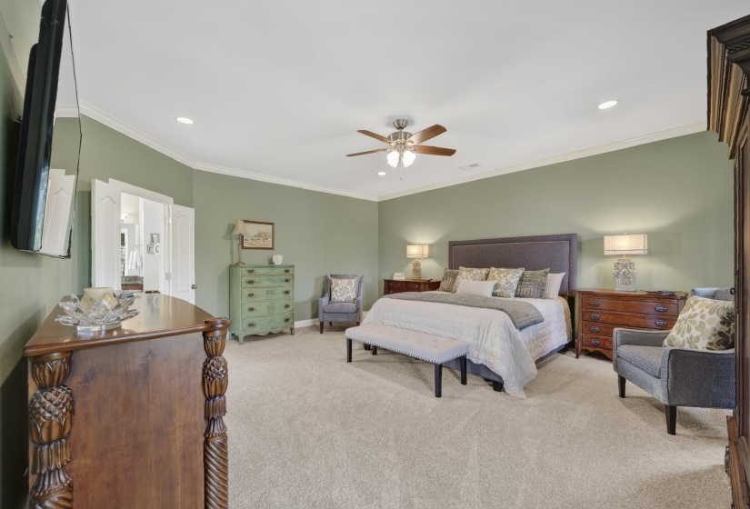 Spacious room featuring light green walls, plush carpeting, a ceiling fan with integrated lighting, recessed lighting, and crown molding
