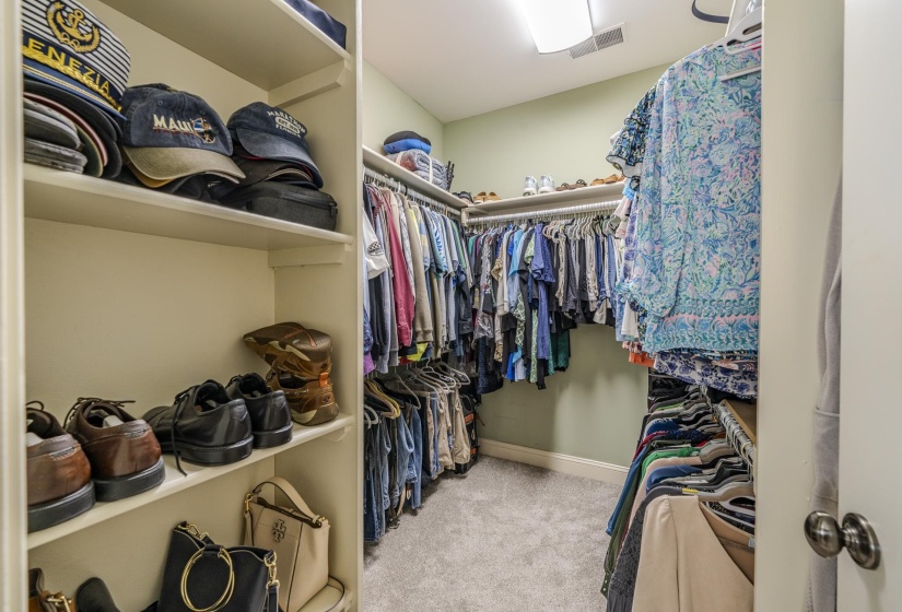 Walk-in closet featuring built-in shelving, multiple hanging rods, light green walls, a recessed light fixture, and carpet flooring