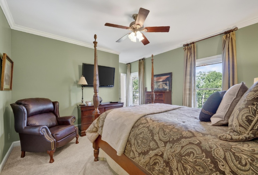 Spacious bedroom featuring carpet flooring, crown molding, and a ceiling fan