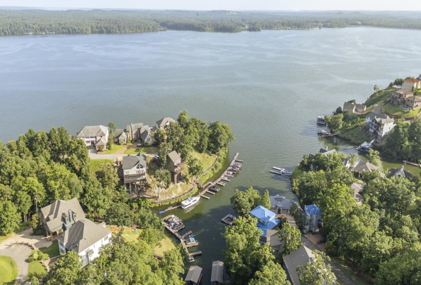 Aerial perspective showcasing waterfront properties with private docks