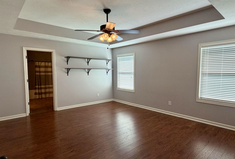 Spacious interior room featuring wood-finish flooring, two windows with blinds, a tray ceiling, and a ceiling fan with integrated lighting