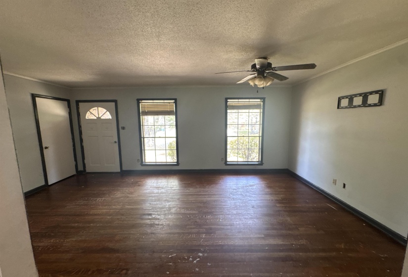 Spacious room featuring wood-finish flooring, light-toned walls, and a ceiling fan