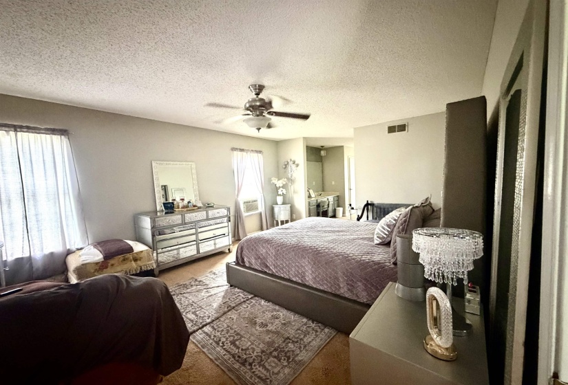 Carpeted bedroom featuring a ceiling fan with integrated lighting, multiple windows with curtains, and a mirrored dresser